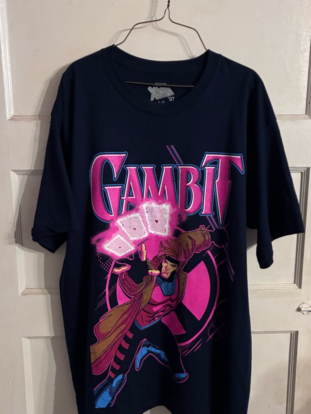 X-Men 97 Animated Series Jumbo Gambit Navy Blue And Pink Graphic T-Shirt Large
